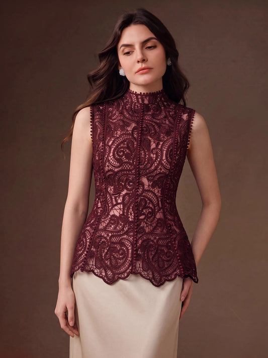 CM-TS786037 Women Elegant Seoul Style Stand Collar Sleeveless Lace Hollow Patchwork Ruffle Waist Cinched Tank Top - Burgundy