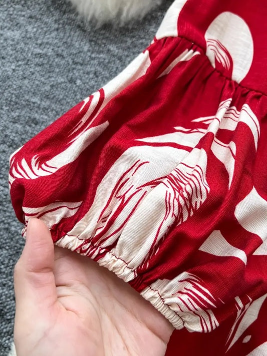 CM-DT513103 Women Elegant Seoul Style Abstract Print V-Neck Lantern SleevesTie-Waist A-Line Midi Dress - Red