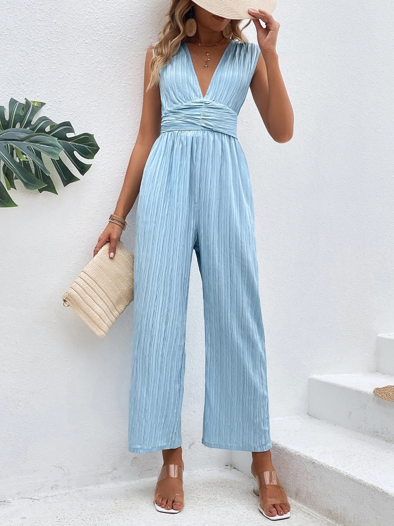 CM-JS108888 Women Casual Seoul Style Plunging Neck Tie Back Wide Leg Jumpsuit - Baby Blue