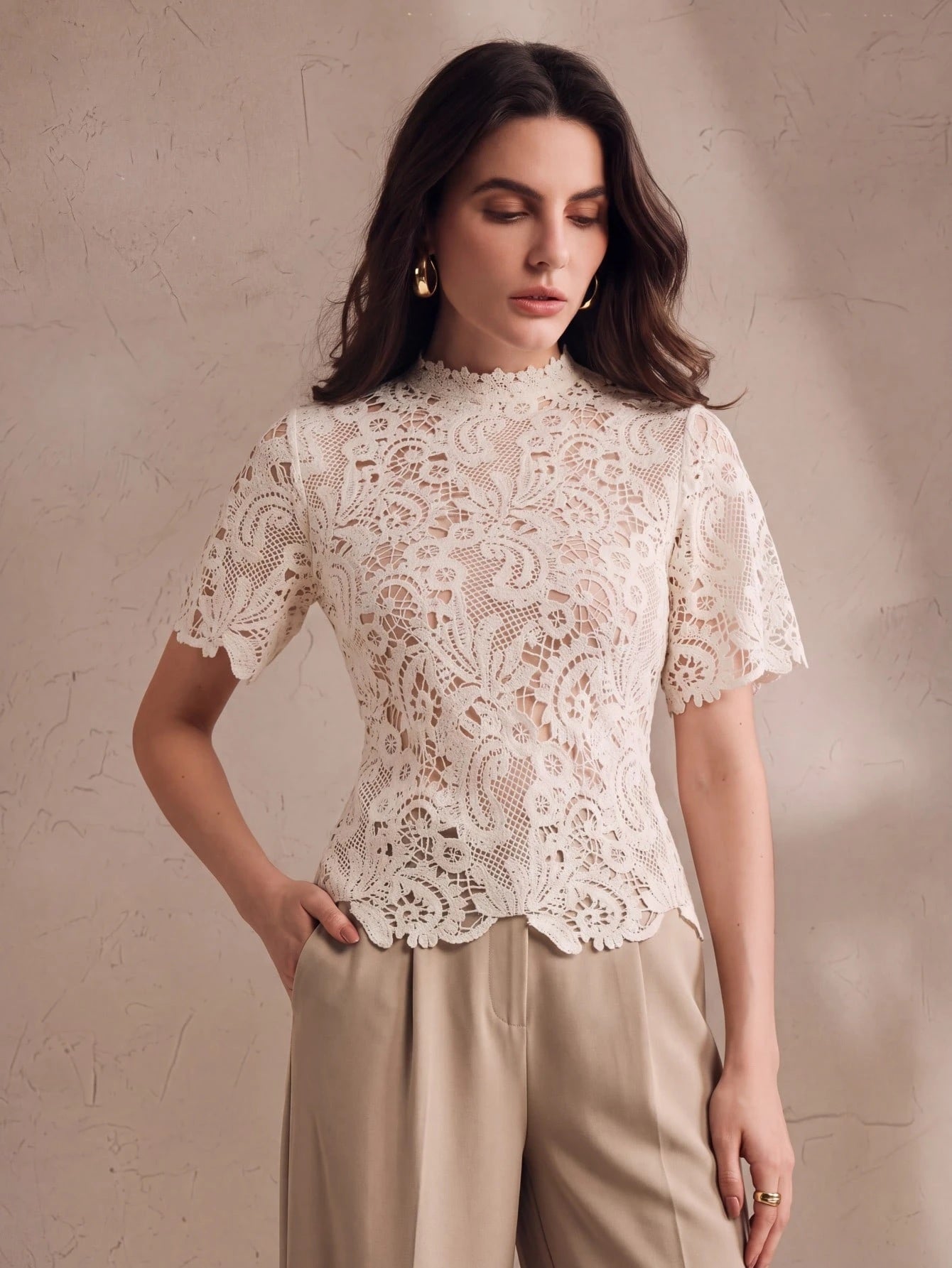 CM-TS144957 Women Elegant Seoul Style Stand Collar Hollow Floral Short Sleeve Blouse - Apricot