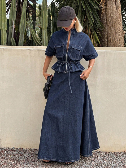 CM-SS535527 Women Casual Seoul Style Stand Collar Short Sleeve Cinched Waist Drawstring Denim Top With A-Line Long Skirt - Set