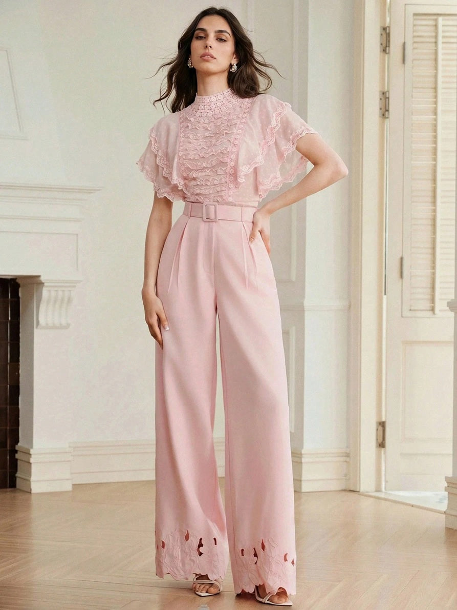 CM-TS161544 Women Elegant Seoul Style Cut-Out Chiffon Contrast Lace Trim Ruffle Short Sleeve Blouse - Pink