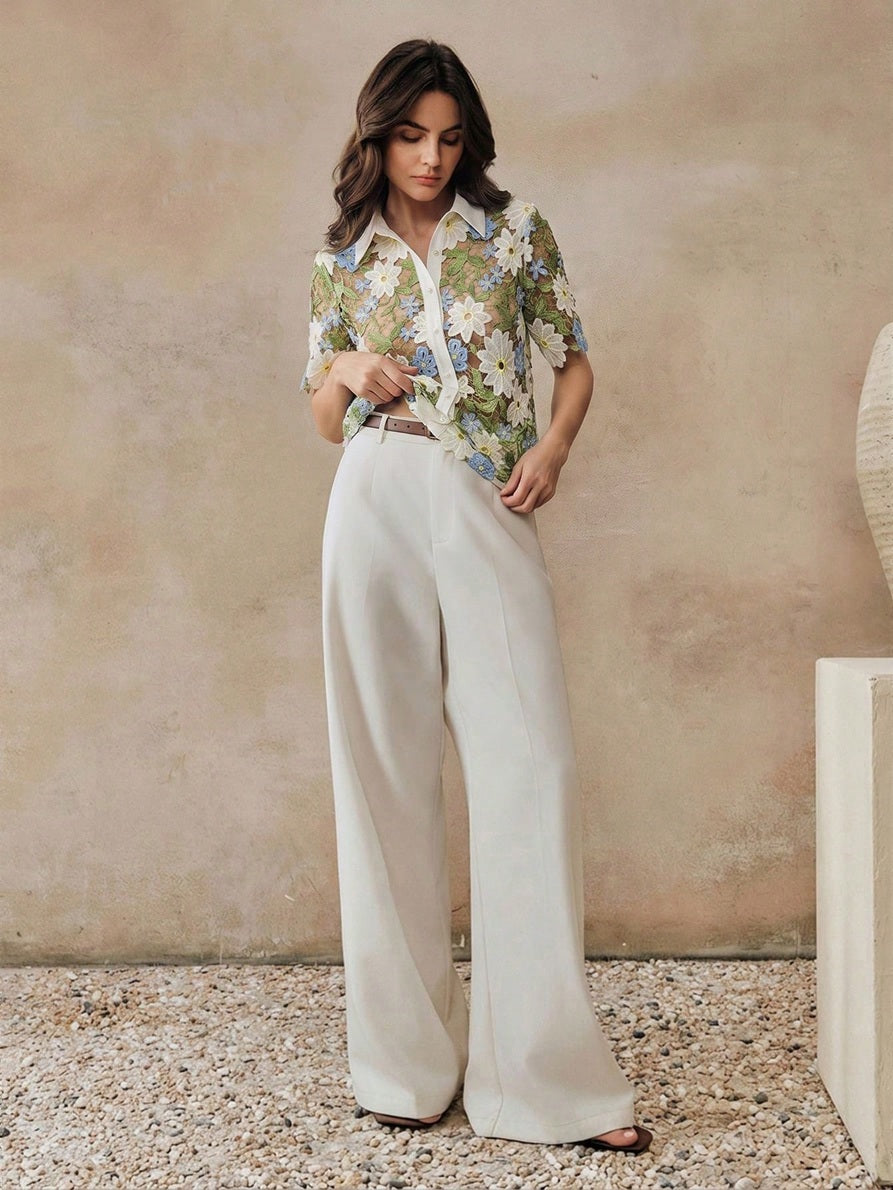 CM-TS121784 Women Elegant Seoul Style Hollow Floral Shape Pattern Short Sleeve Half-Round White Pearl Button Shirt