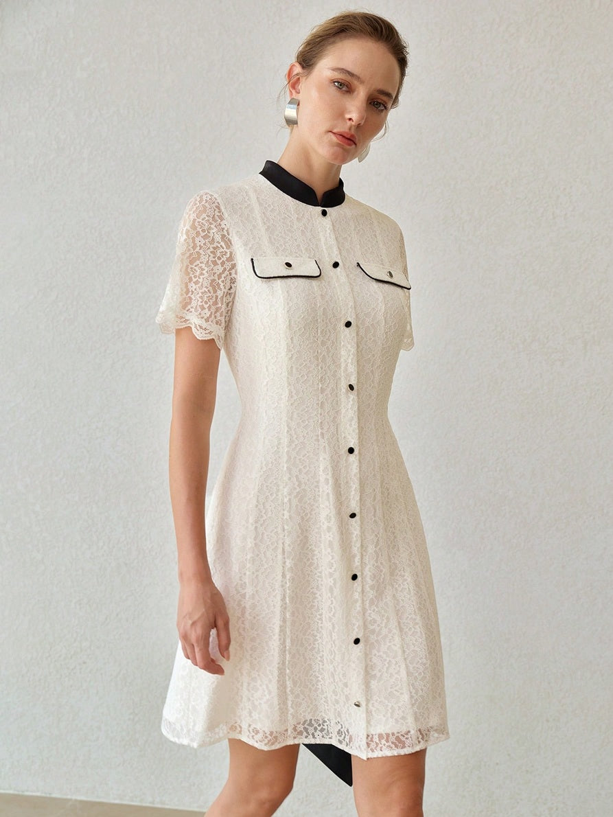 CM-DS167821 Women Elegant Seoul Style Stand Collar Short Sleeve Contrast Trim Lace Mini Dress