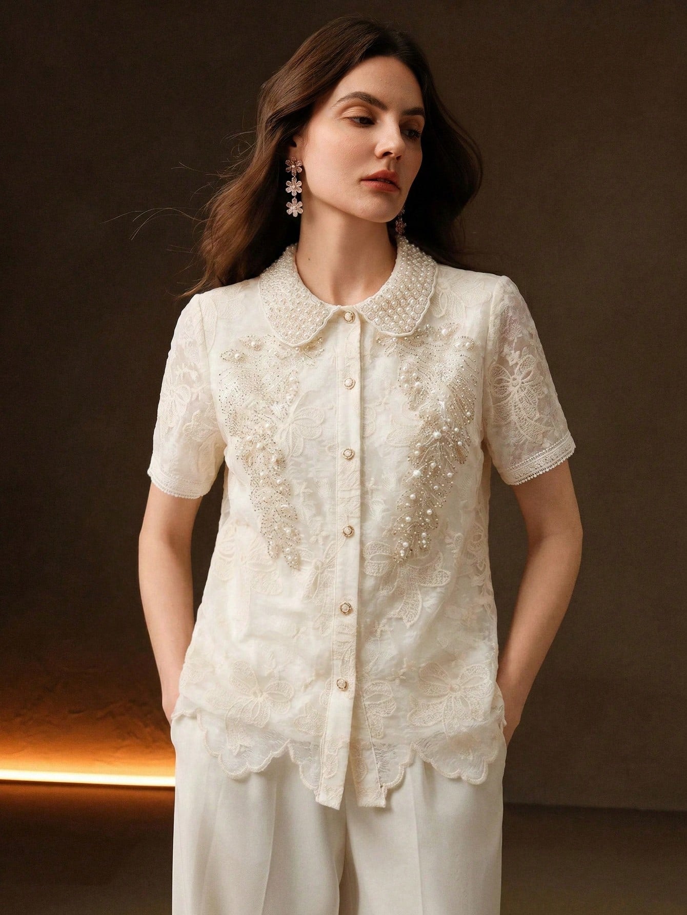 CM-TS281479 Women Elegant Seoul Style Peter Pan Collar Short Sleeve Rhinestone Lace Blouse - Apricot