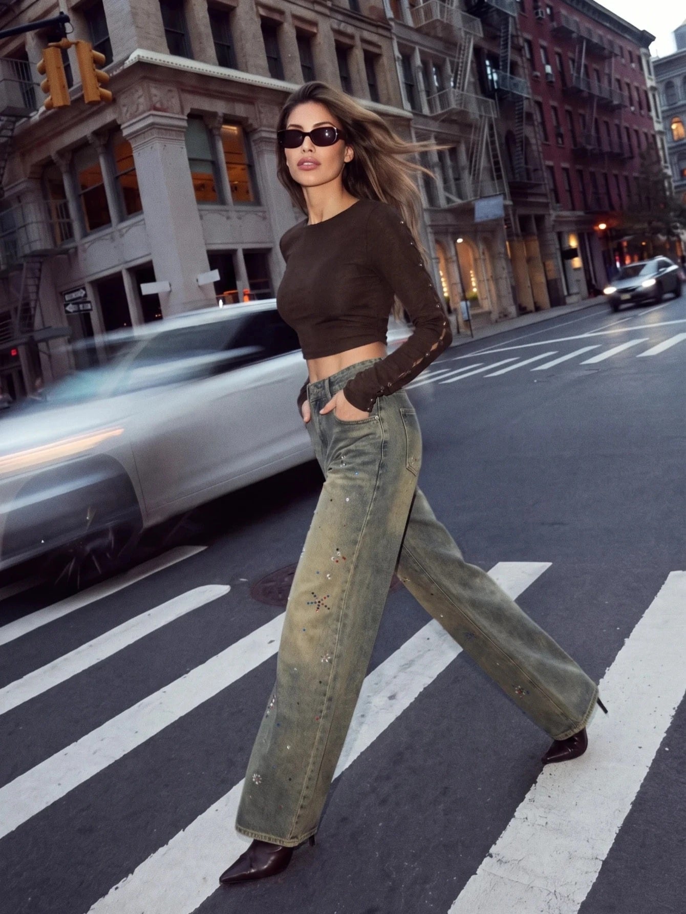 CM-BS038041 Women Casual Seoul Style Mid Waist Rhinestones Decor Wide Leg Denim Jeans - Blue