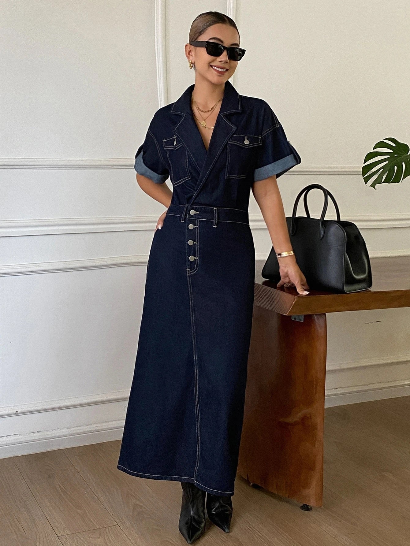 CM-DS207946 Women Casual Seoul Style Dark Wash Collar Neckline Roll Up Short Sleeve Denim Dress