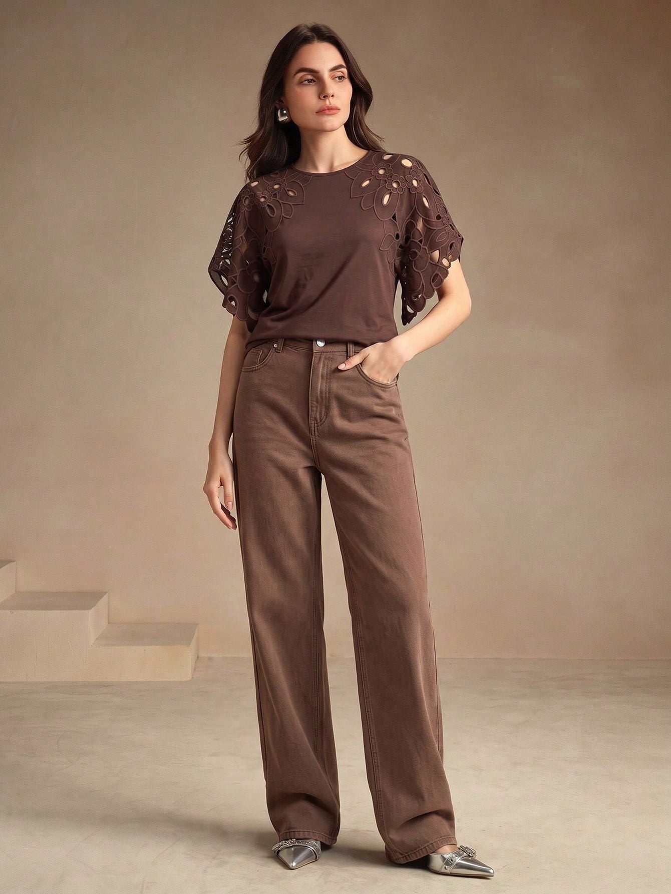 CM-TS611837 Women Casual Seoul Style Round Neck Batwing Sleeve Cut-Out T-Shirt - Brown