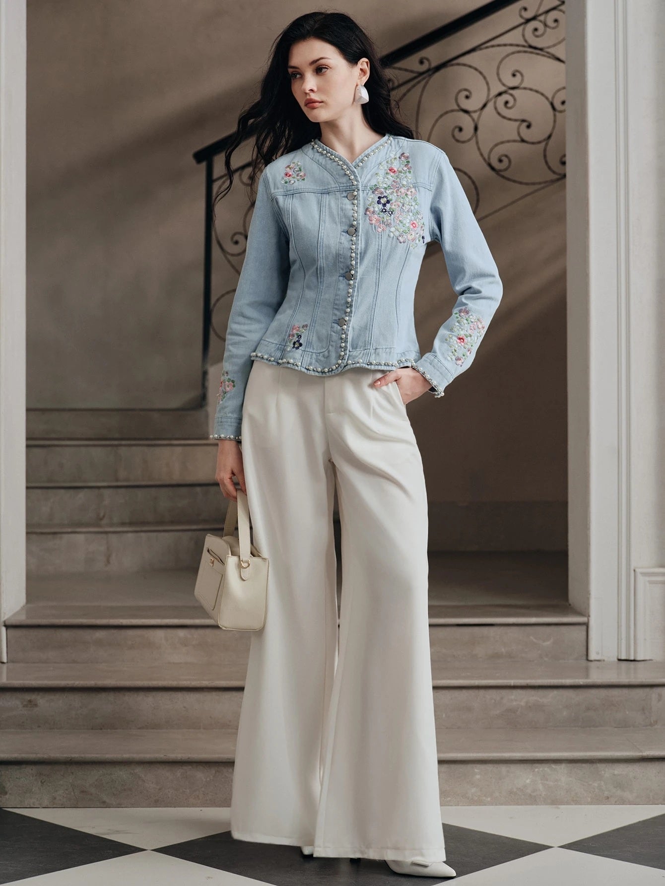 CM-CS891801 Women Elegant Seoul Style Stand Collar Long Sleeve Floral Embroidery Slim Fit Jacket - Blue