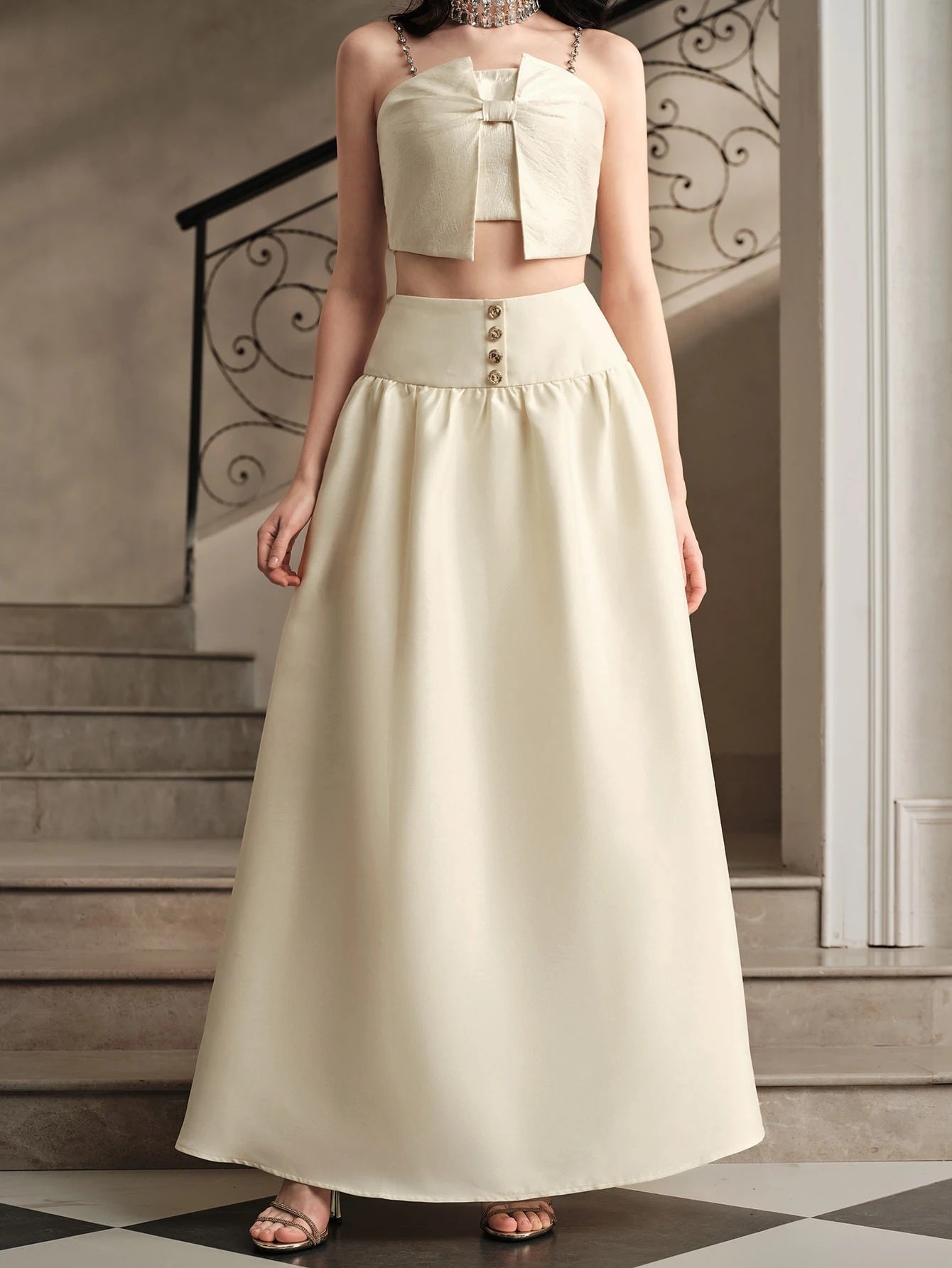CM-BS399699 Women Elegant Seoul Style Mid Waist Ruched A-Line Flared Long Skirt - Apricot