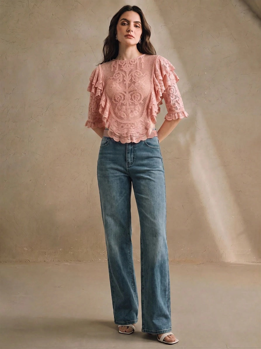 CM-TS576844 Women Elegant Seoul Style Cropped Half Sleeve Multi-Layer Ruffle Mesh Crochet Top - Pink