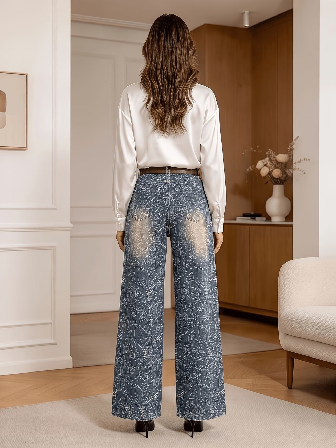 CM-BT636983 Women Casual Seoul Style Medium Wash Mid Waist Floral Jacquard Wide-Leg Jeans