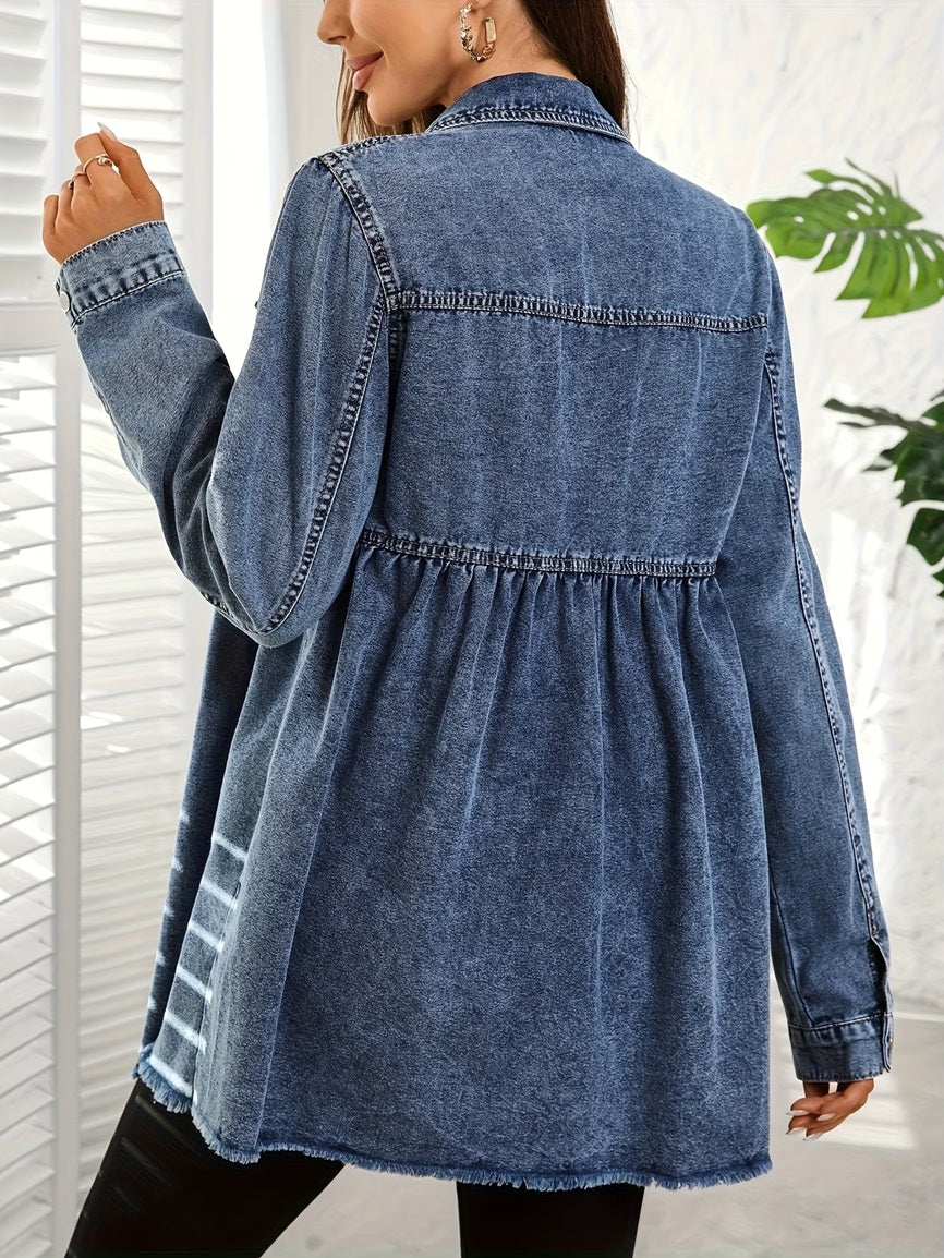 CM-CT070869 Women Casual Seoul Style Collar Neckline Long Sleeve Loose Denim Jacket - Blue
