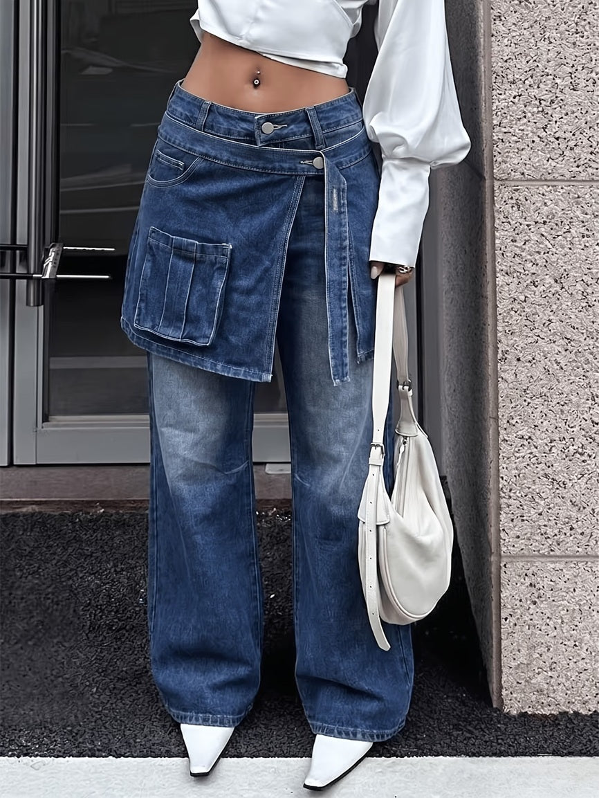 CM-BT684555 Women Casual Seoul Style Solid Color 2-in-1 Wide-Leg Jeans - Blue