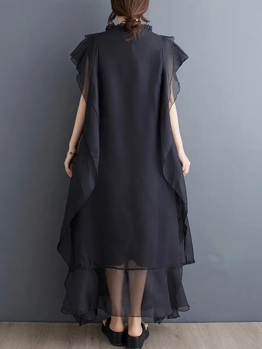 CM-DT040135 Women Elegant Seoul Style Round Neck Double Layer Organza Mesh Sleeveless Ruffle Trim Dress - Black