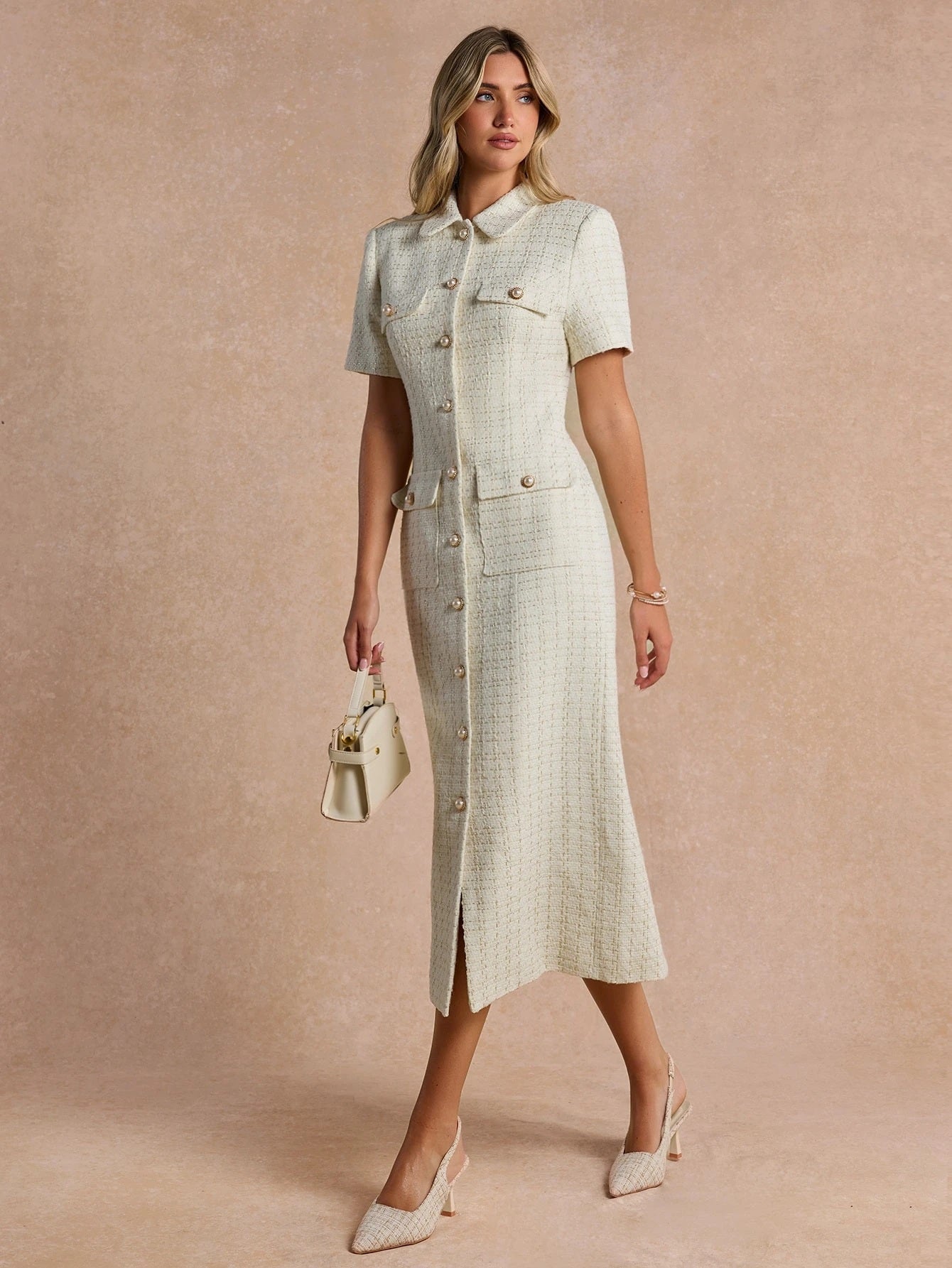 CM-DS977443 Women Elegant Seoul Style Collar Neckline Short Sleeve High Waist Sequin Tweed Midi Dress