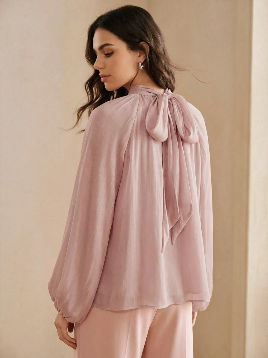 CM-TS939144 Women Elegant Seoul Style Stand Collar Back Tie Bow Rhinestone Decor 3D Floral Embroidery Lantern Sleeve Blouse