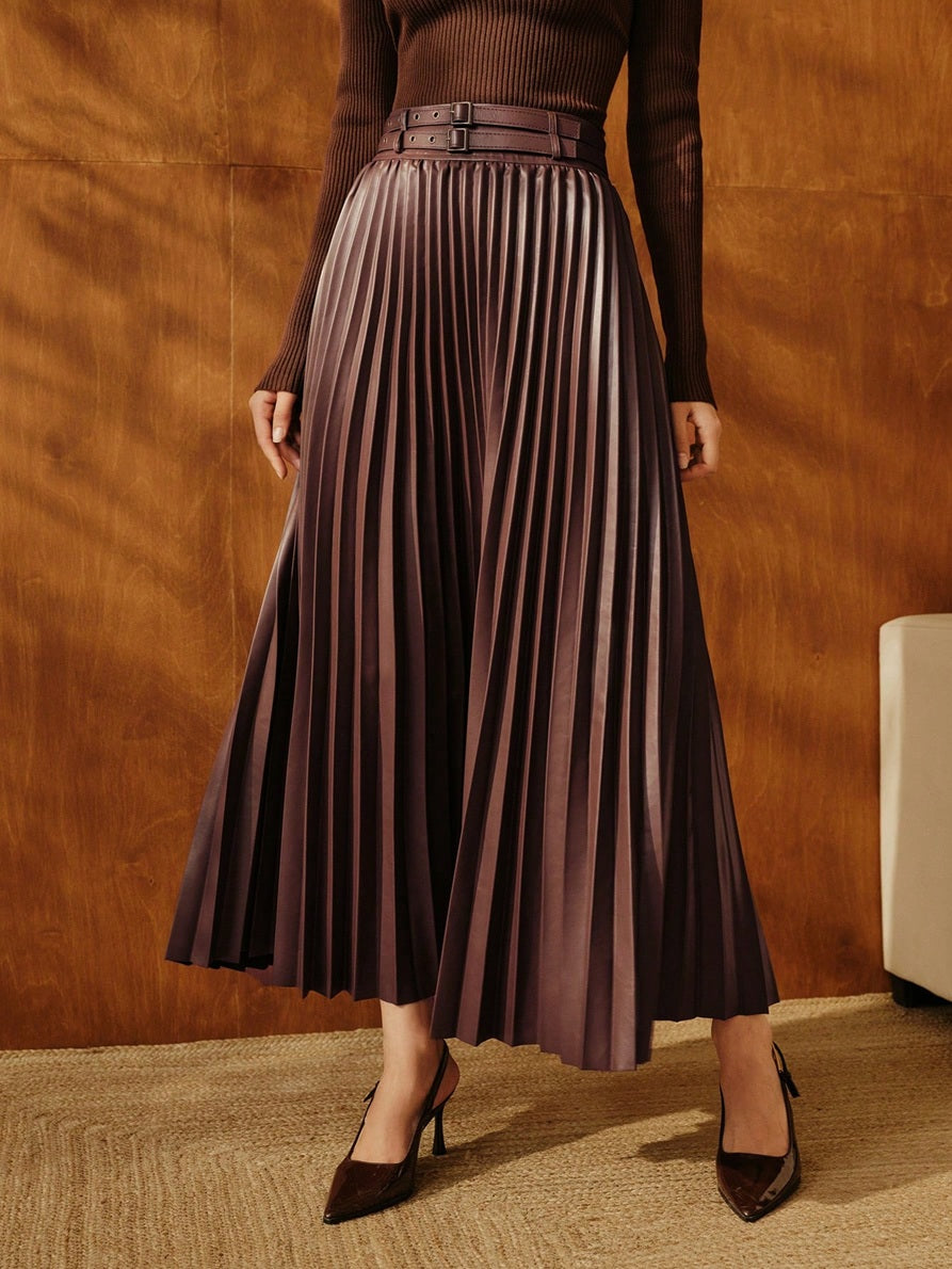 CM-BS595392 Women Elegant Seoul Style High Waist Pleated Belted Mid-Length A-Line Skirt - Coffee Brown