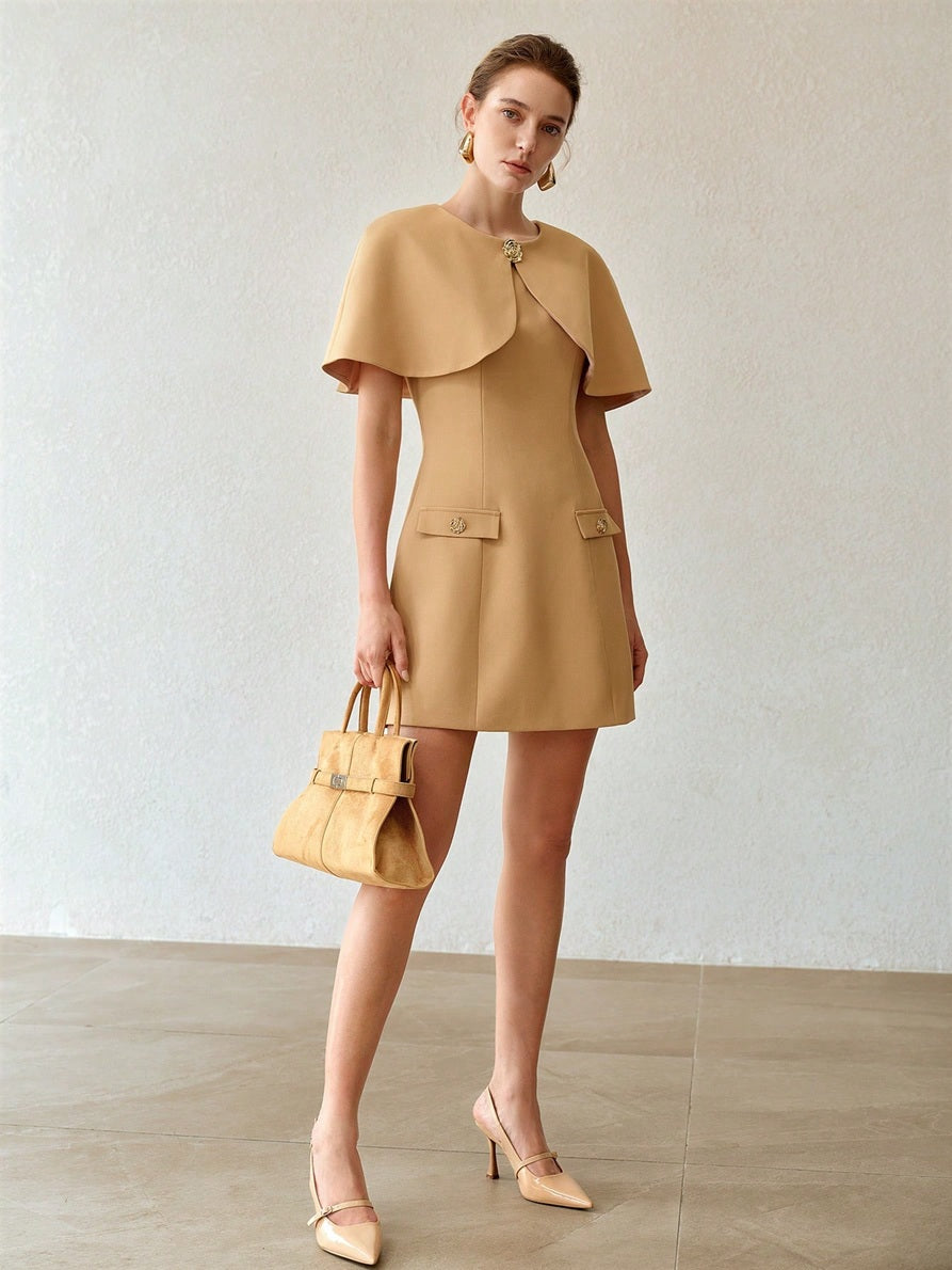 CM-DS729120 Women Elegant Seoul Style Round Neck Cloak Sleeve Metal Rose Buckle Shawl Mini Dress - Khaki