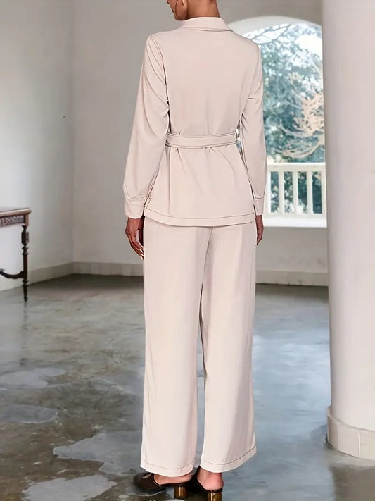 CM-ST801370 Women Elegant Seoul Style Solid Color Pleated Pocket Decor Long Sleeve Top With Pants - Set