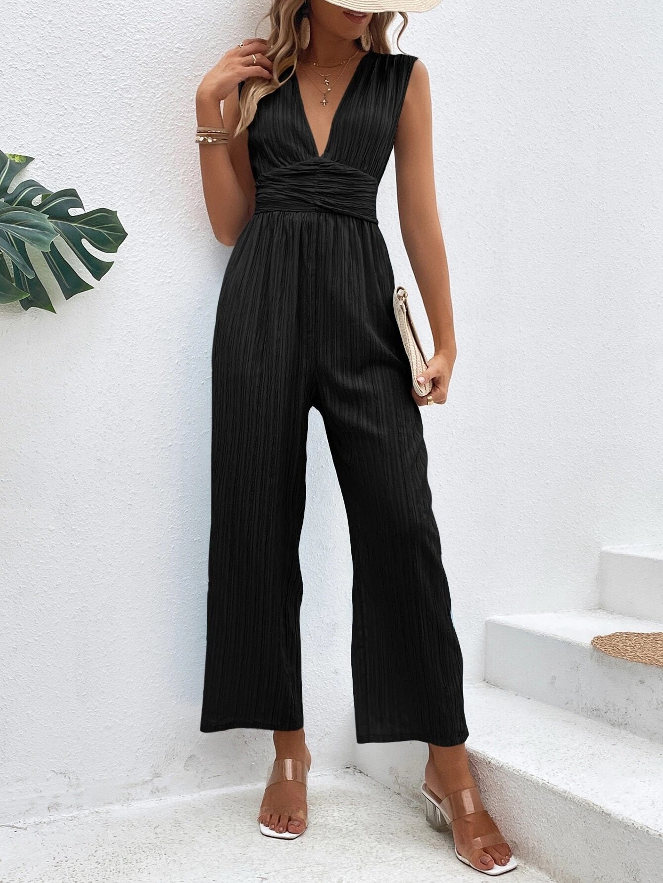 CM-JS042994 Women Casual Seoul Style Plunging Neck Tie Back Wide Leg Jumpsuit - Black