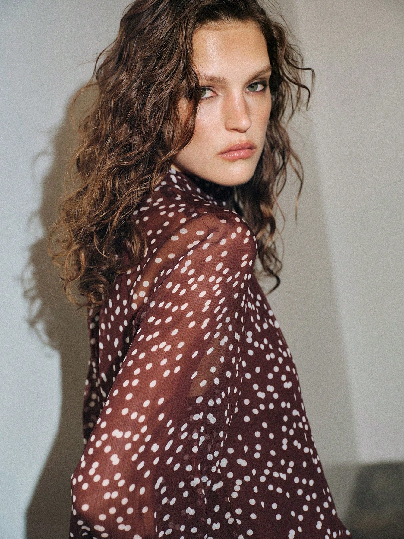 CM-TS223440 Women Elegant Seoul Style Bow Tie Long Sleeve Polka Dot Chiffon Loose Fit Blouse - Coffee Brown