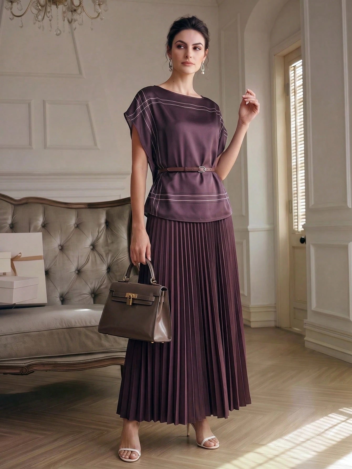 CM-TS644206 Women Elegant Seoul Style Round Neck Scarf-Like Texture Top With Belt Detail - Purple