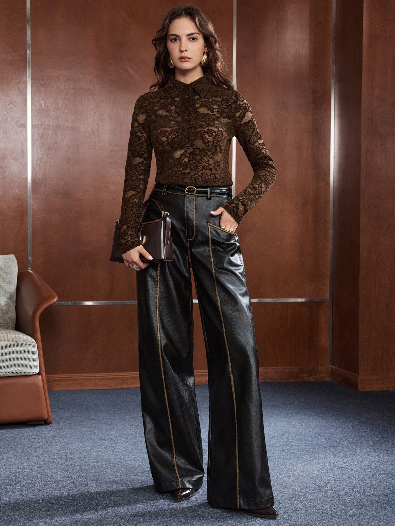 CM-TS244644 Women Elegant Seoul Style Collar Neckline Long Sleeve Open Front Lapel Elastic Lace Fitted Top - Coffee Brown