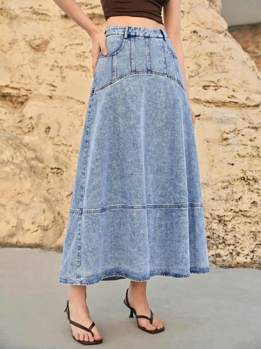 CM-BS315257 Women Casual Seoul Style Medium Wash Mid Waist Slant Pocket A-Line Long Denim Skirt