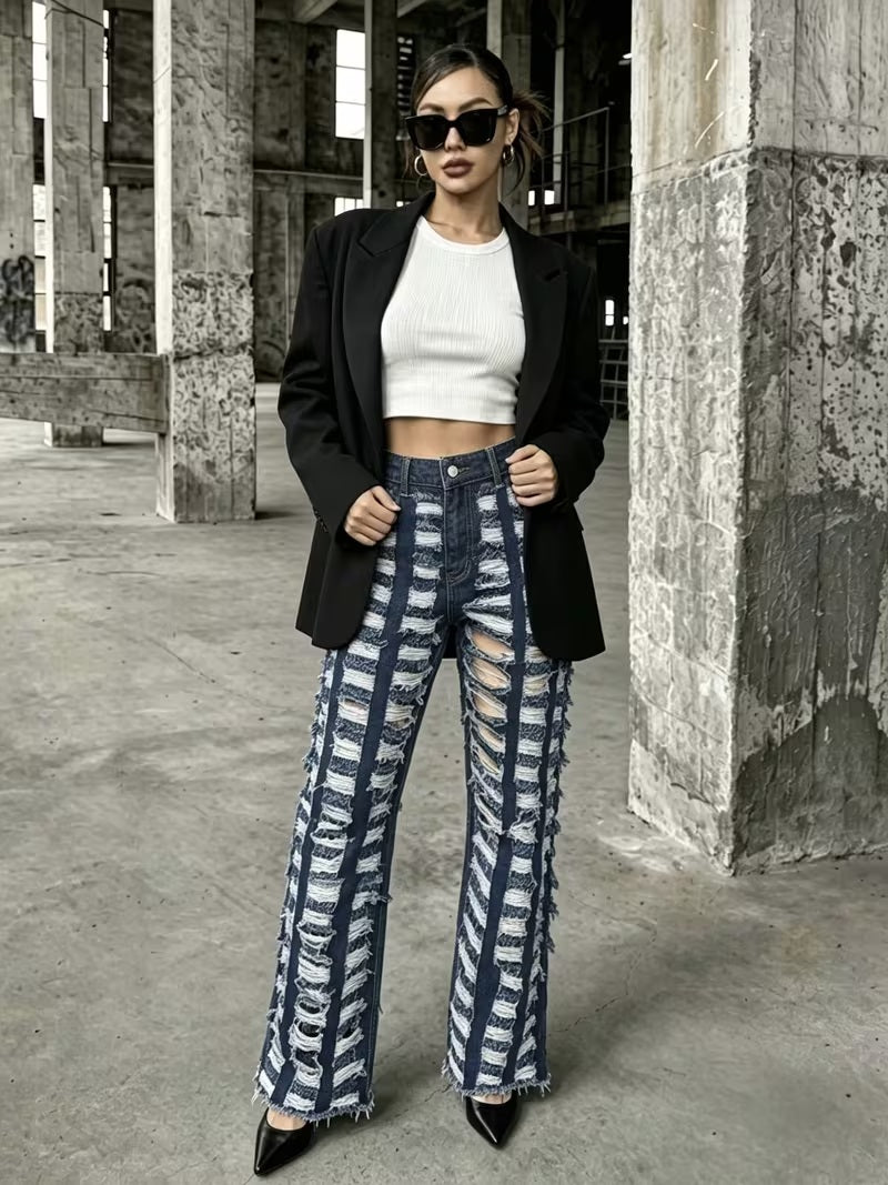 CM-BT160419 Women Casual Seoul Style Hollow-Out Street-Style Distressed Denim Jeans - Deep Blue