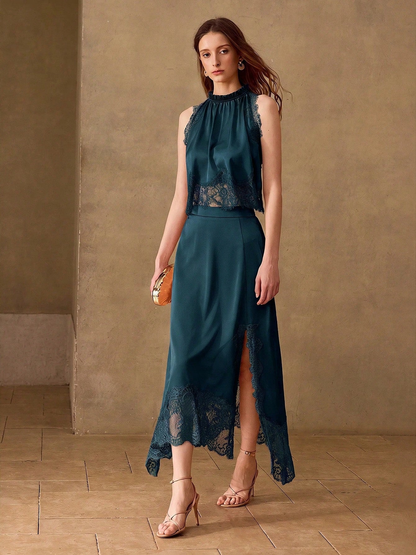 CM-SS361147 Women Elegant Seoul Style Lace Patchwork Cloak Sleeve Tank Top With Maxi Skirt - Set