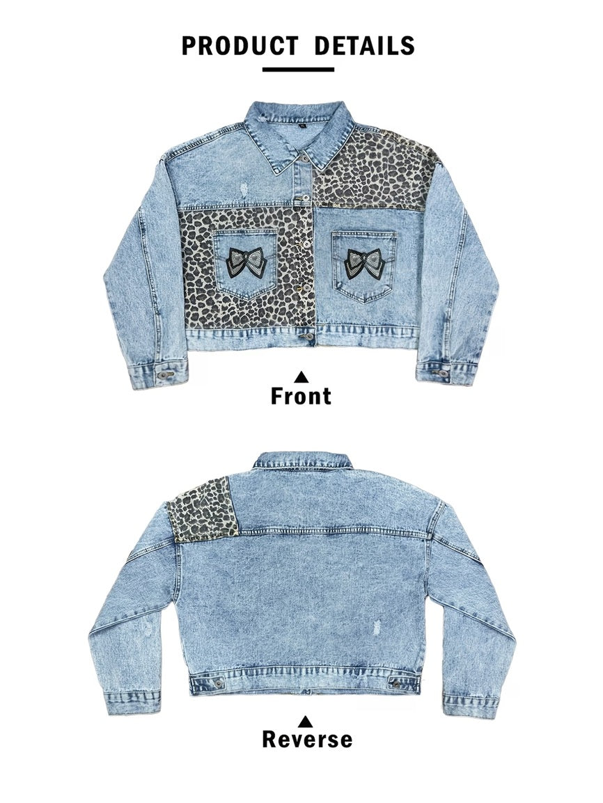 CM-CT613229 Women Casual Seoul Style Collar Neckline Patchwork Leopard Print Denim Jacket - Light Blue