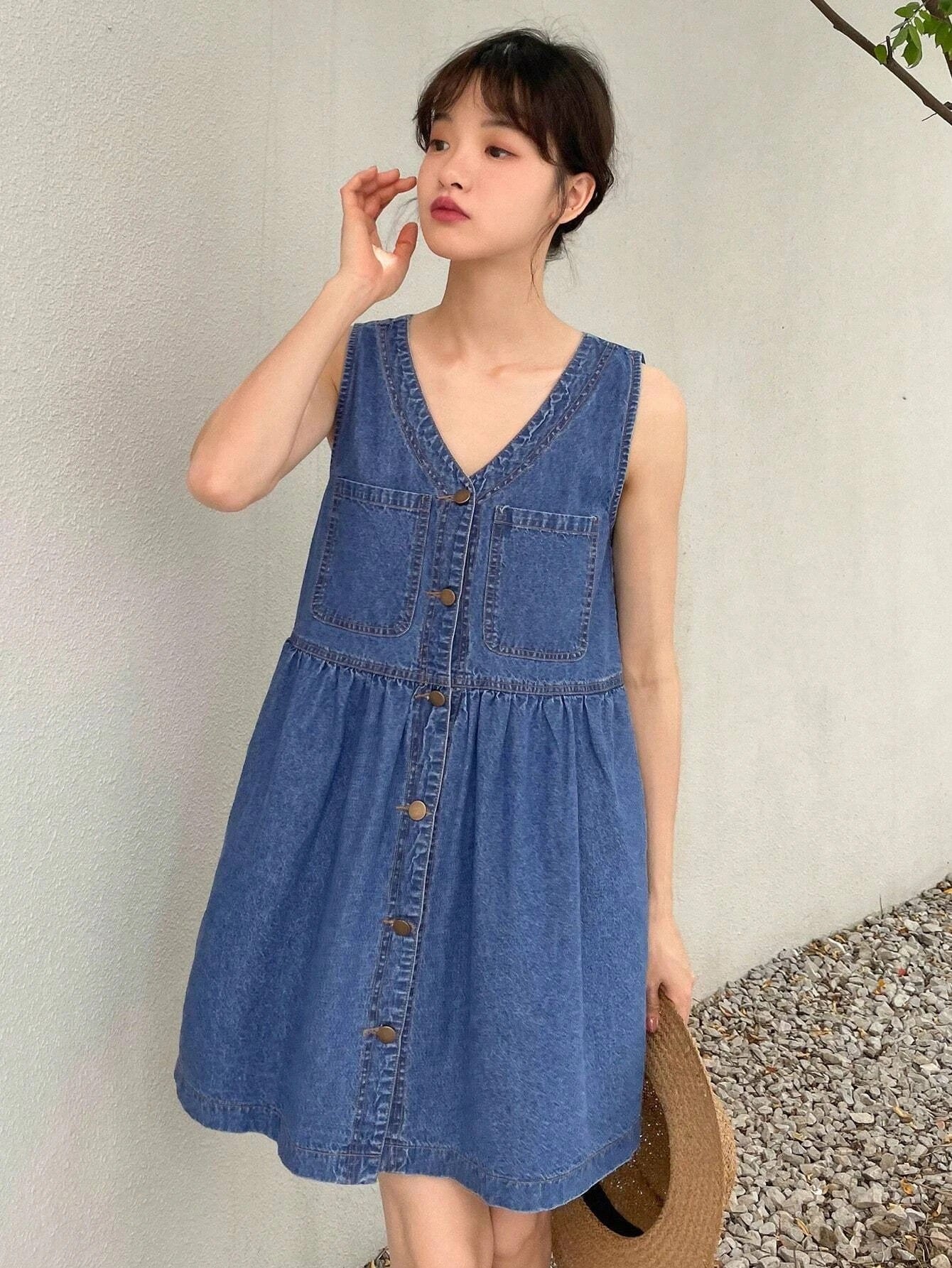 CM-DS941911 Women Preppy Seoul Style Medium Wash Button Front Denim Dress