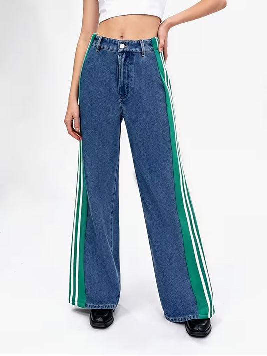 CM-BT576793 Women Casual Seoul Style Patchwork Striped High-Waist Wide-Leg Pants - Green