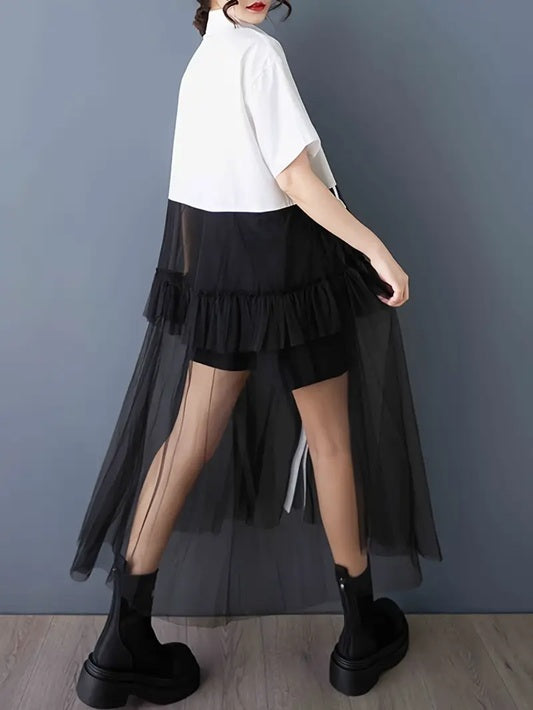 CM-DT892675 Women Casual Seoul Style Colorblock Collar Neckline Short Sleeve Mesh Shirt Dress