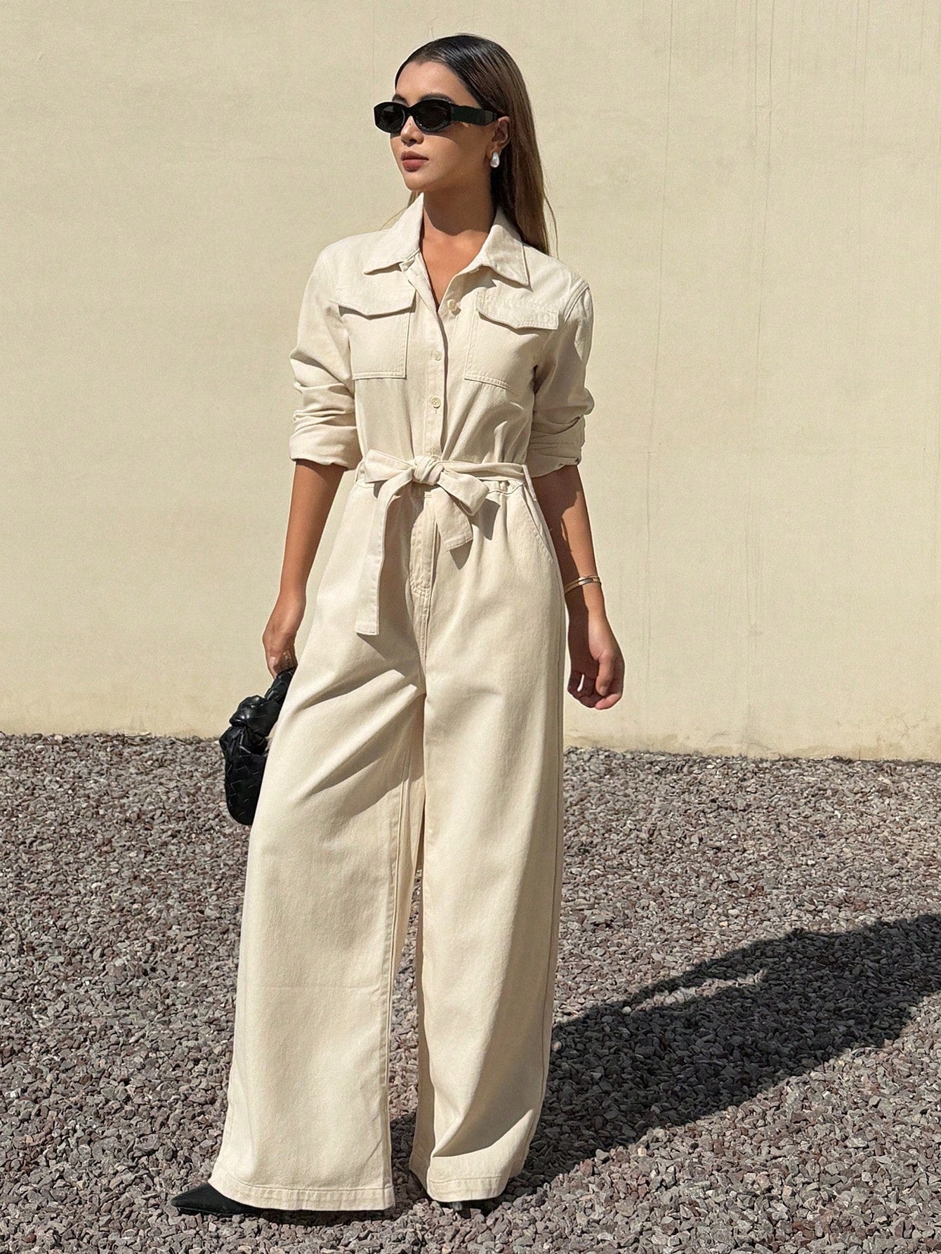 CM-JS831141 Women Casual Seoul Style Collared Pocket Long Sleeve Cinched Waist Denim Jumpsuit - Beige