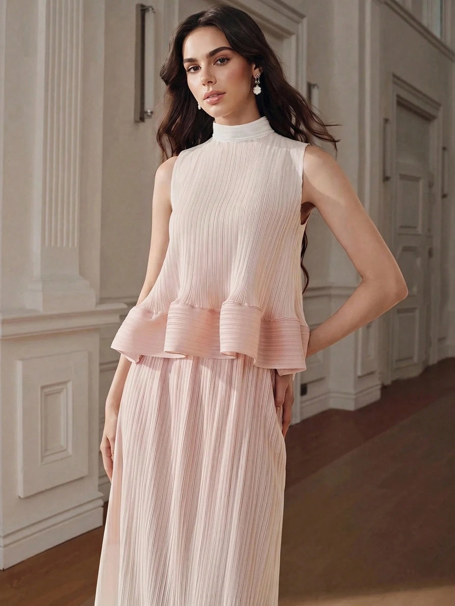 CM-TS946777 Women Elegant Seoul Style Stand Collar Sleeveless Pleated Gradient Color Pleated Top - Baby Pink