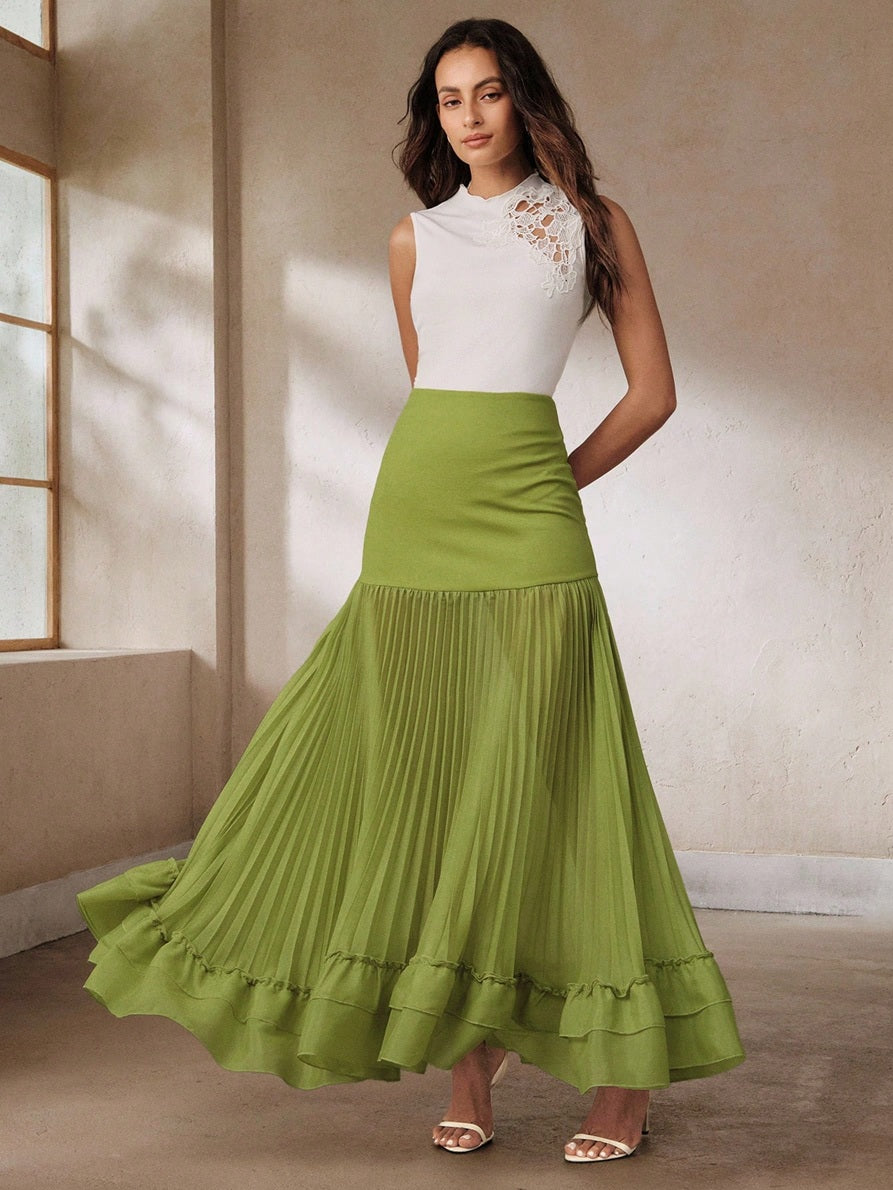 CM-BS352823 Women Elegant Seoul Style Mid-Waist Knitted Bodycon Pleated Fishtail Hem Skirt - Green