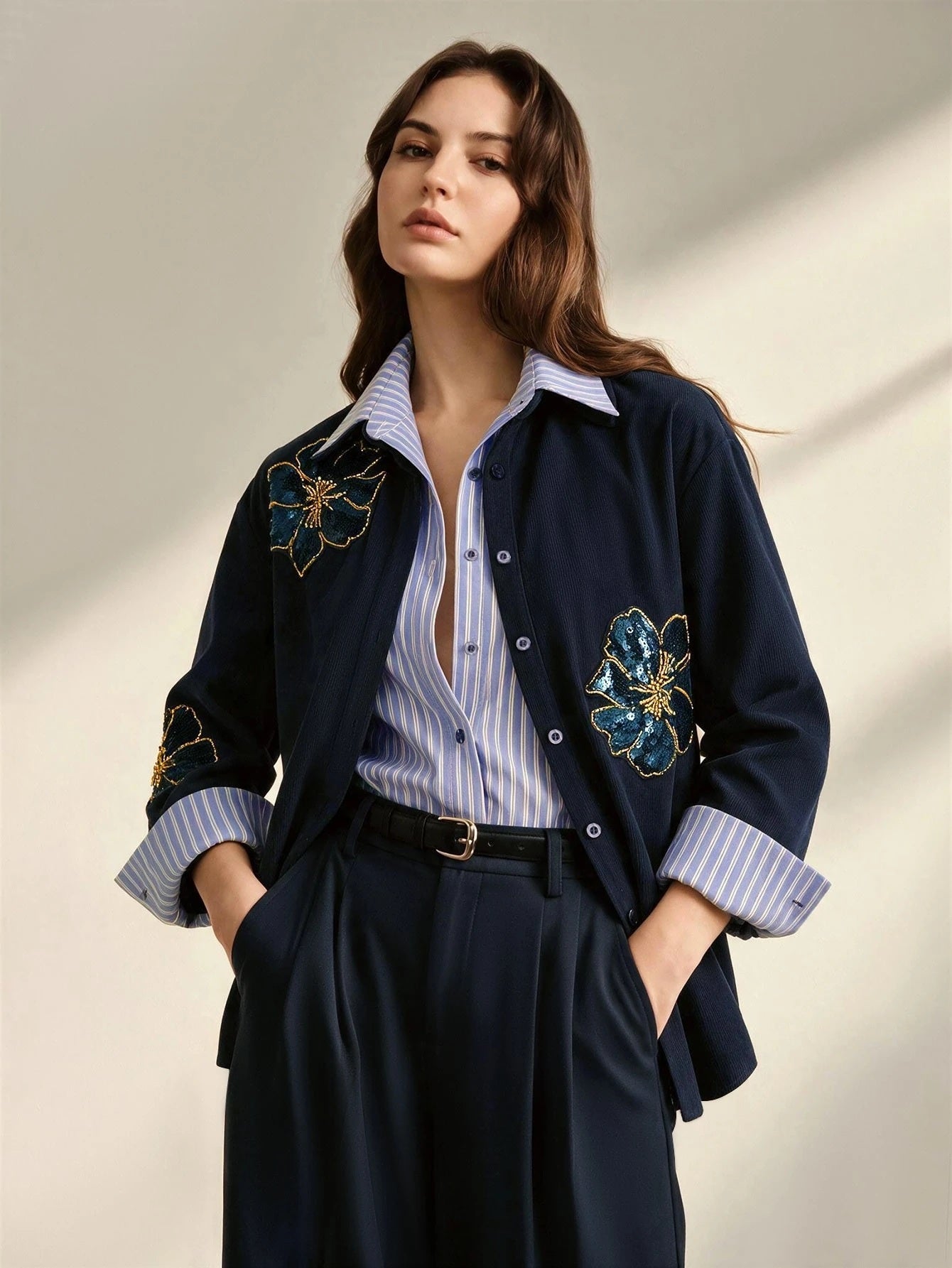 CM-TS565155 Women Elegant Seoul Style Striped Corduroy 2 In 1 Design Embroidery Applique Loose Fit Blouse