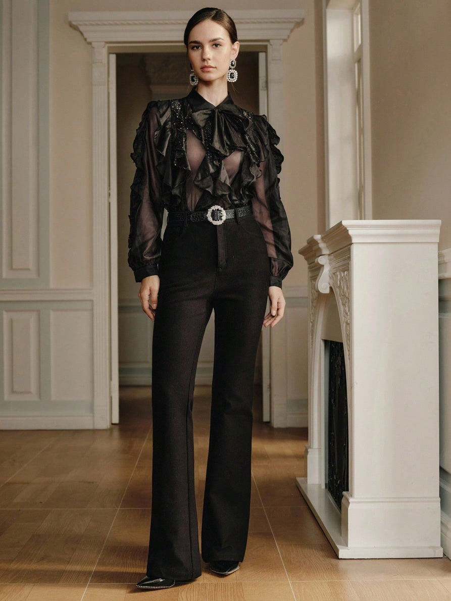 CM-TS616771 Women Elegant Seoul Style Chiffon Collar Neckline Long Sleeve Rhinestone Embellished Ruffle Blouse