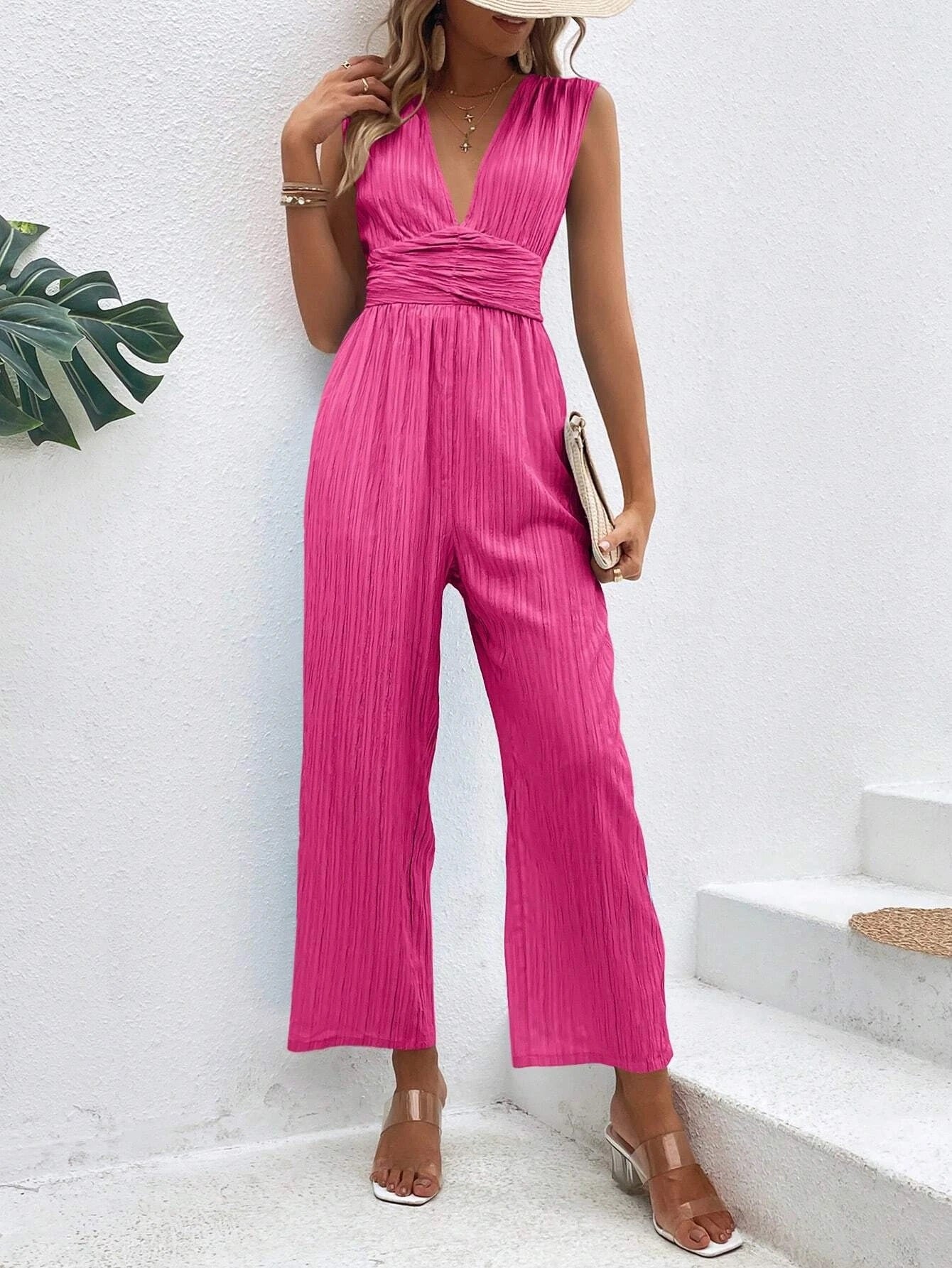CM-JS493794 Women Casual Seoul Style Plunging Neck Tie Back Wide Leg Jumpsuit - Hot Pink
