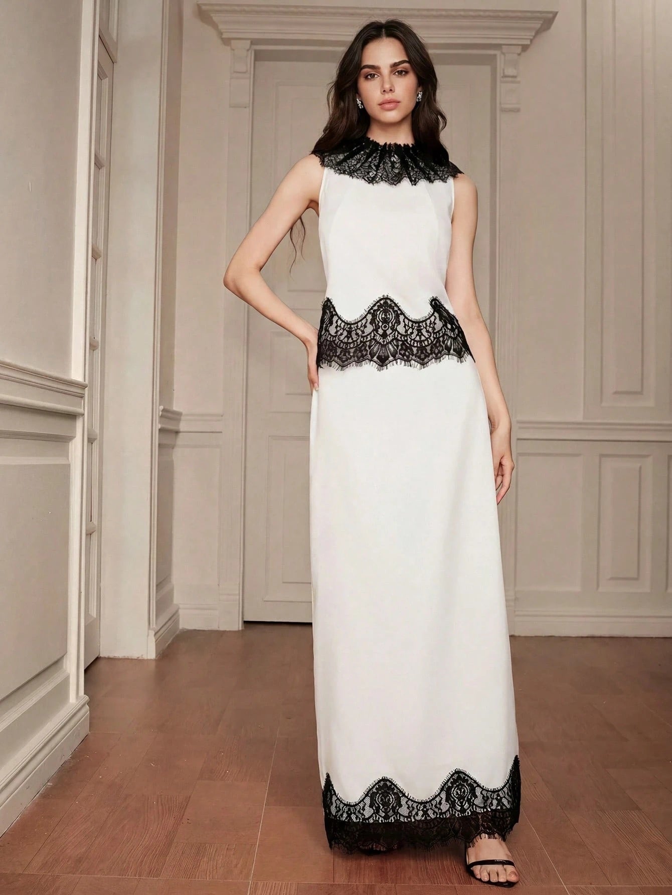 CM-SS166997 Women Elegant Seoul Style Contrast Color Lace Trim Patchwork Sleeveless Top With Maxi Skirt - Set