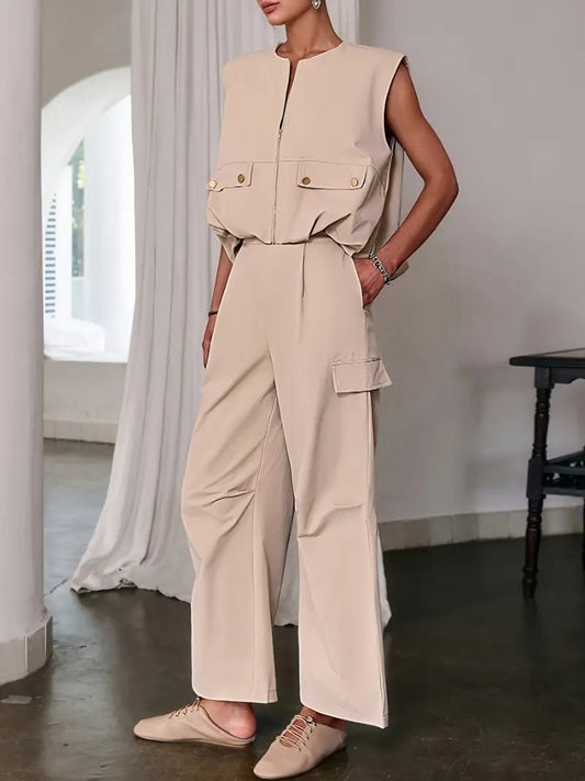 CM-ST460904 Women Elegant Seoul Style Solid Color Sleeveless V-Neck Button Details Drawstring Vest With Pants - Set