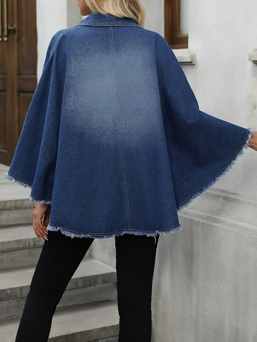 CM-CT158142 Women Casual Seoul Style Collar Neckline Cape Sleeve Loose Denim Jacket - Dark Blue