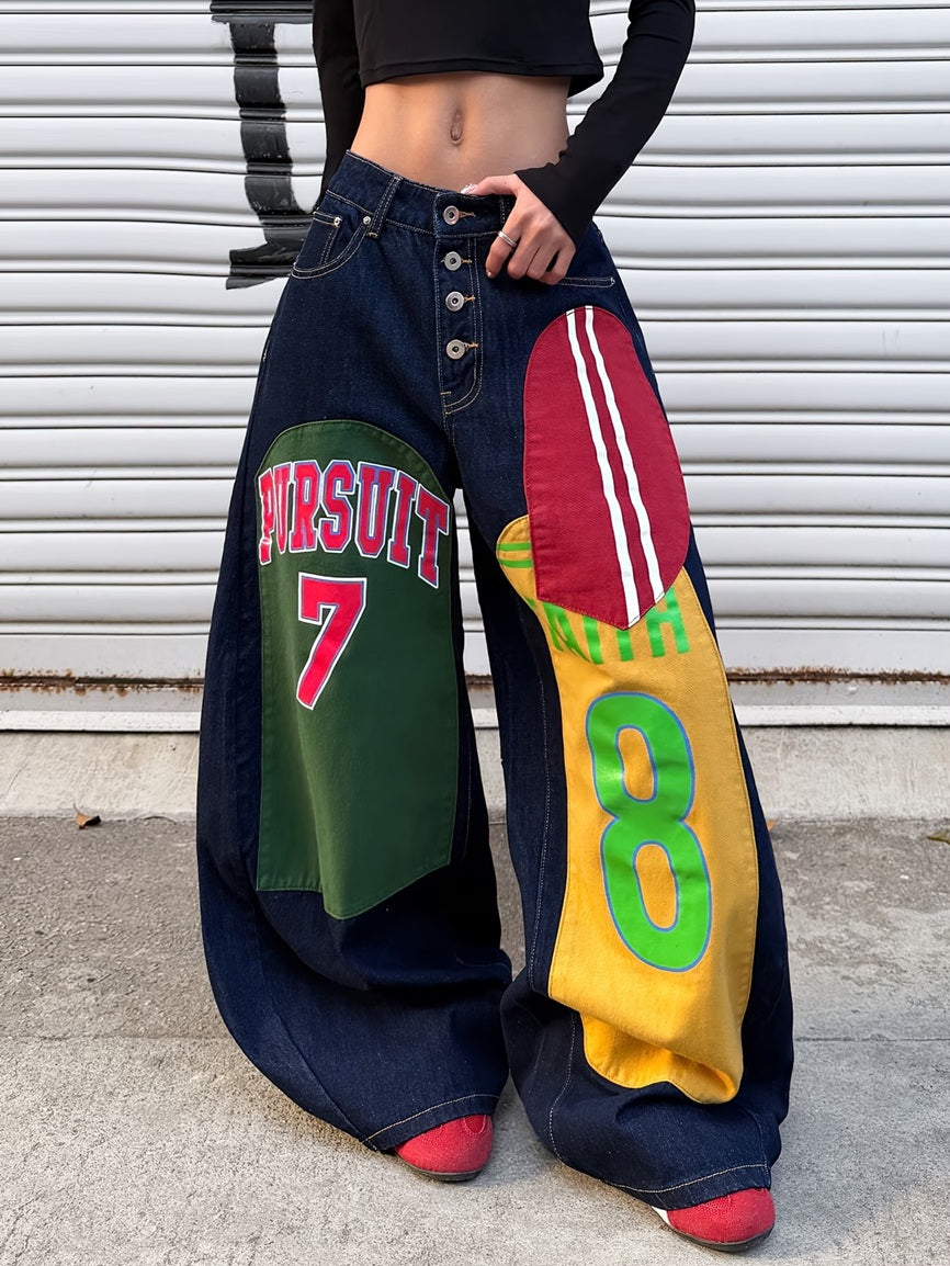 CM-BT608328 Women Casual Seoul Style Multi-Color Contrast Patchwork Letter And Number Cartoon Print Design Jeans