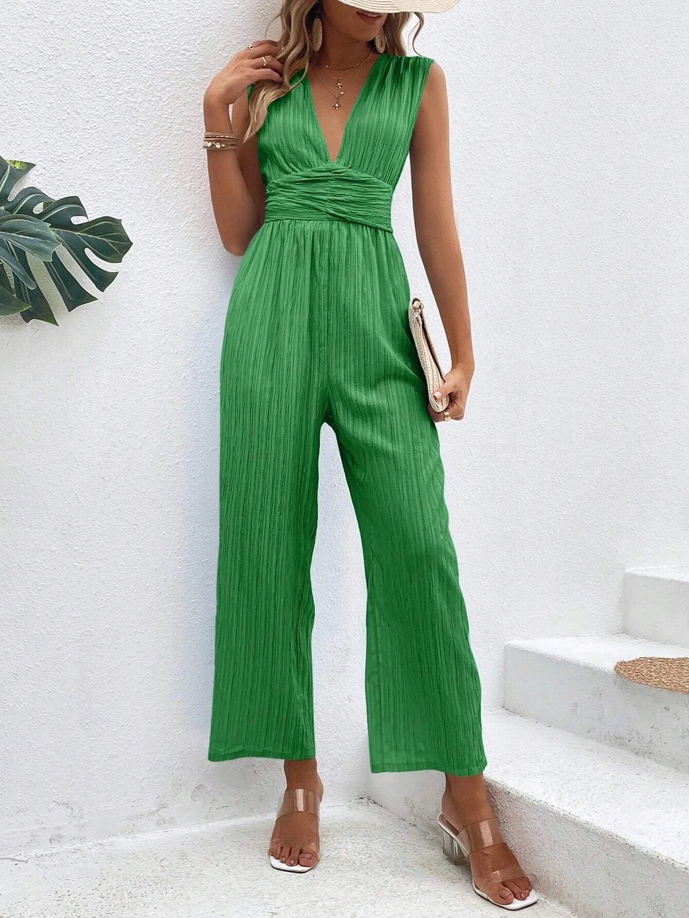 CM-JS794002 Women Casual Seoul Style Plunging Neck Tie Back Wide Leg Jumpsuit - Green