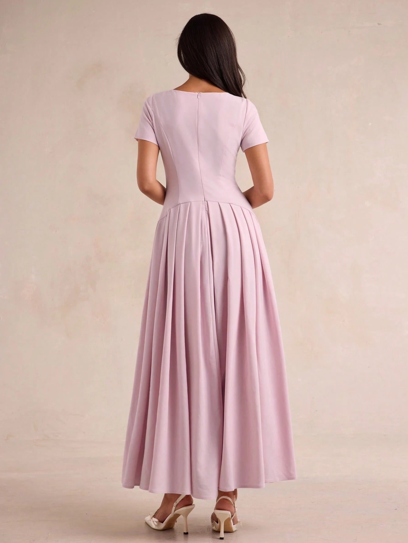CM-DS880939 Women Elegant Seoul Style Round Neck Short Sleeve High Waist Pleated Long Dress - Pink