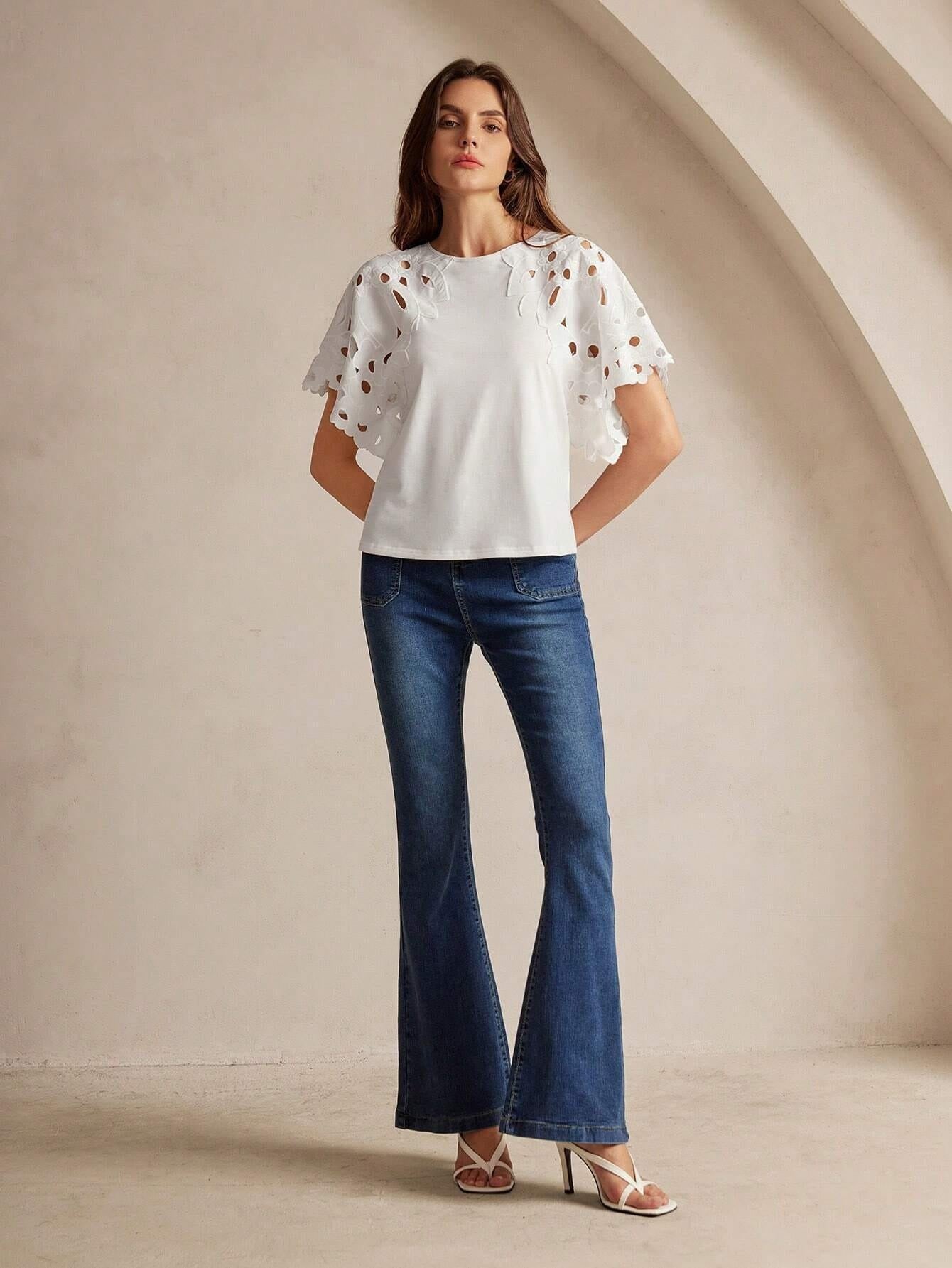 CM-TS186332 Women Casual Seoul Style Round Neck Batwing Sleeve Cut-Out T-Shirt - White