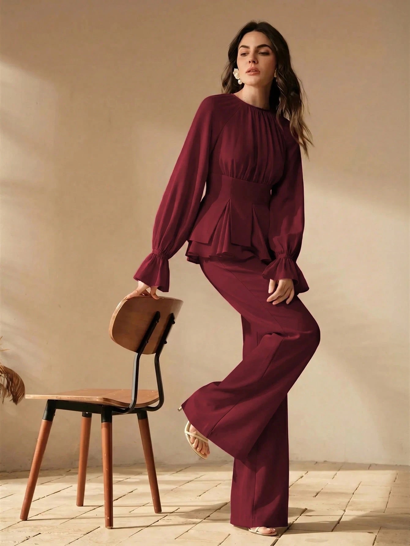 CM-SS795385 Women Elegant Seoul Style Round Neck Long Sleeve Chiffon Patchwork Blouse With Flared Leg Pants - Set