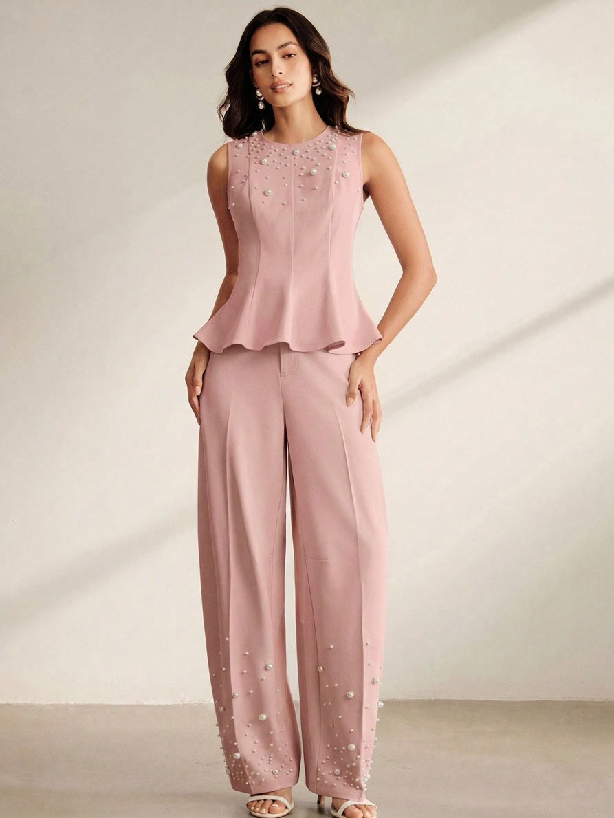 CM-SS652681 Women Elegant Seoul Style Round Neck Sleeveless Beaded Ruffle Hem Blouse With Tapered Trousers - Set